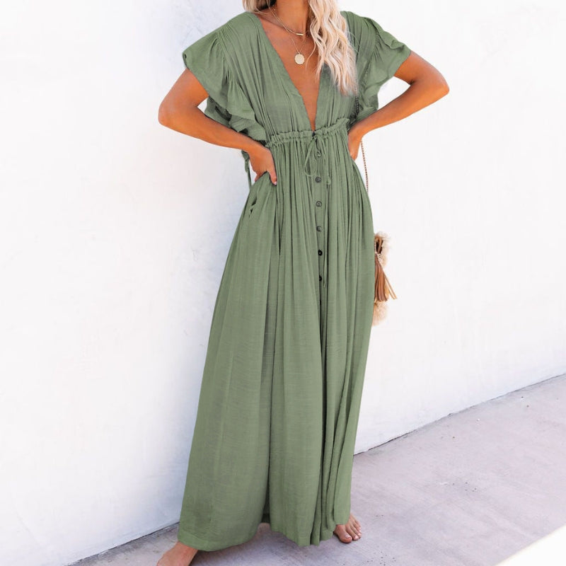 Women’s Flowy V-Neck Button-Front Maxi Dress