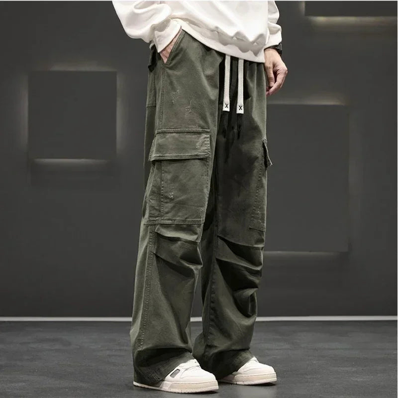 Men's Wide Leg Cargo Pants with Drawstring Waist and Pockets
