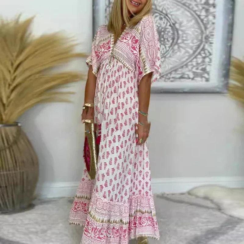 Women's V-Neck Maxi Dress with Tassel Detail
