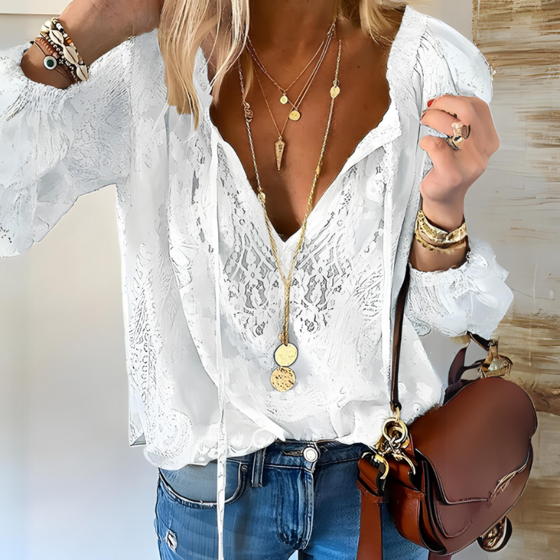 Women's Bohemian V Neck Lace Blouse with Long Sleeves