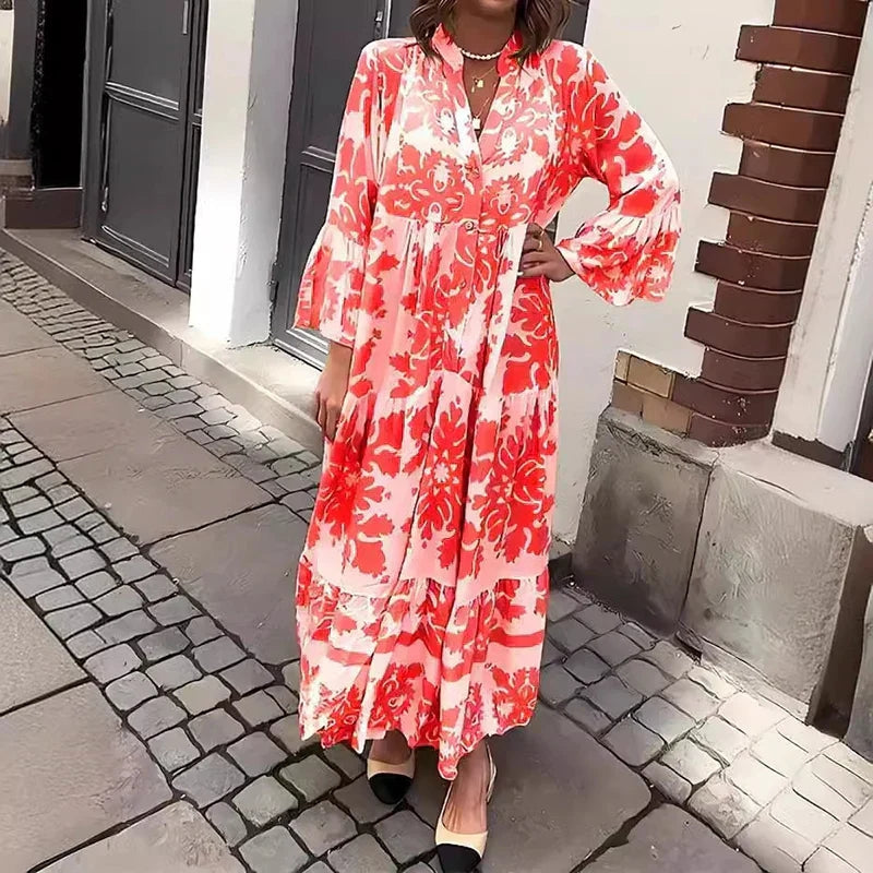 Women's Printed Midi Dress with V-Neck and Long Sleeves