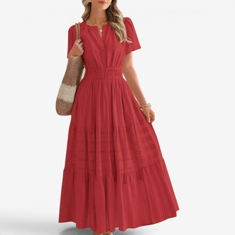Women's Wrap Waist Midi Dress with Short Sleeves