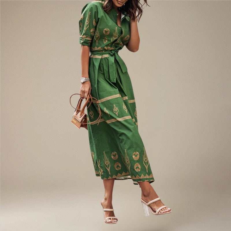 Women’s Long Sleeve Belted Printed Midi Dress