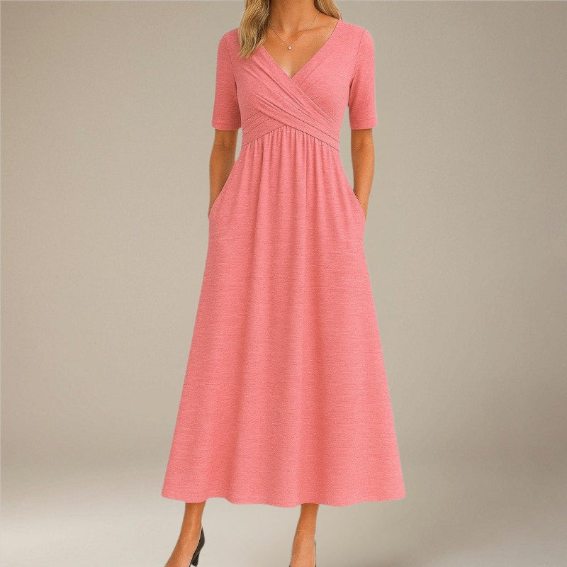 Women’s V-Neck Midi Dress with Side Pockets