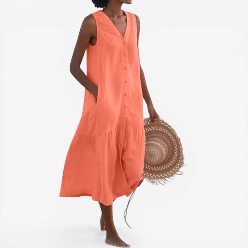 V-Neck Button Sleeveless Mini Dress