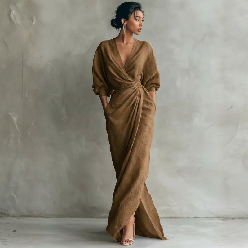Women's Elegant V Neck Maxi Dress with Wrap Waist