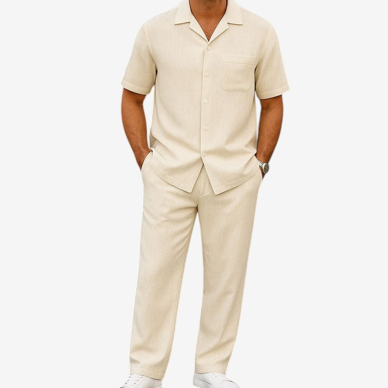 Men's Relaxed Two Piece Set with Buttoned Shirt and Wide Leg Trousers