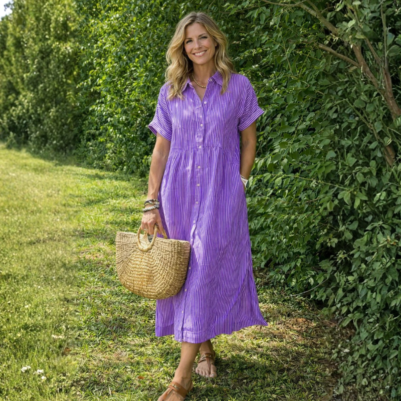 Women's Classic Striped Midi Shirt Dress with Button Front