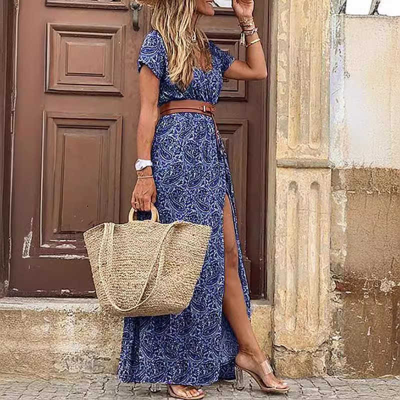 Women's Floral Print Maxi Dress with Belted Waist