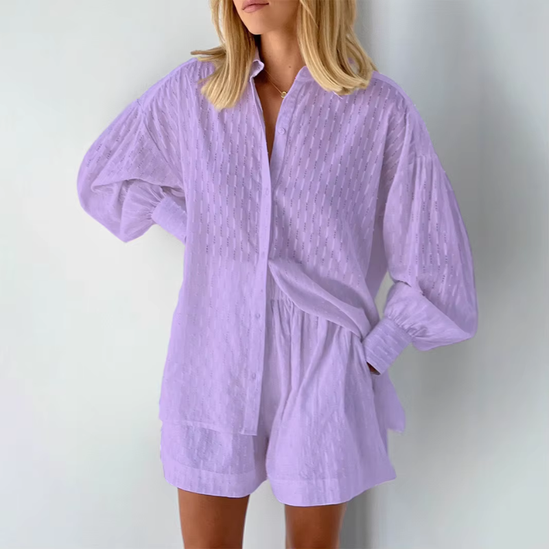 Women's Puff Sleeve Button-Up Shirt and High Waist Shorts Set