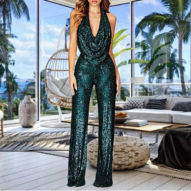 Glamorous Women's Sequin Jumpsuit with Halter Neck