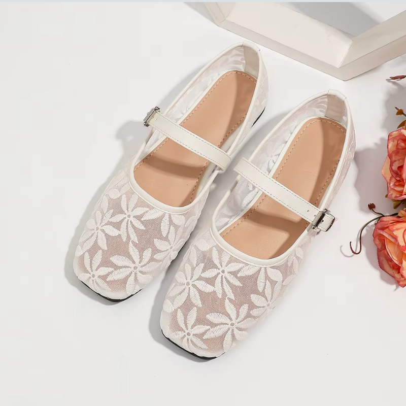Square-Toe Ballerina Flats with Embroidered Flowers