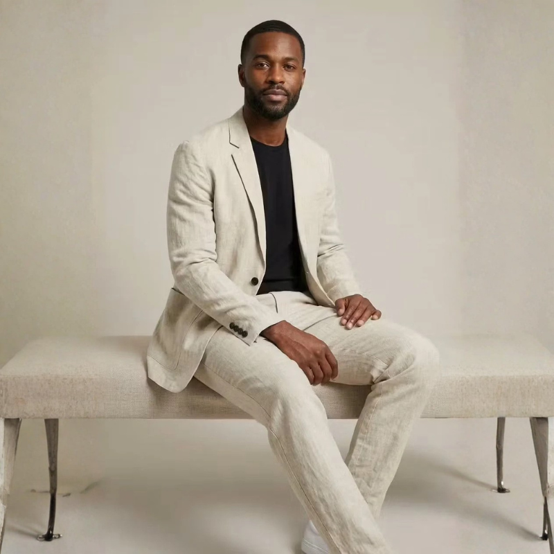 Men's Contemporary Linen Blazer and Wide Leg Pants Set