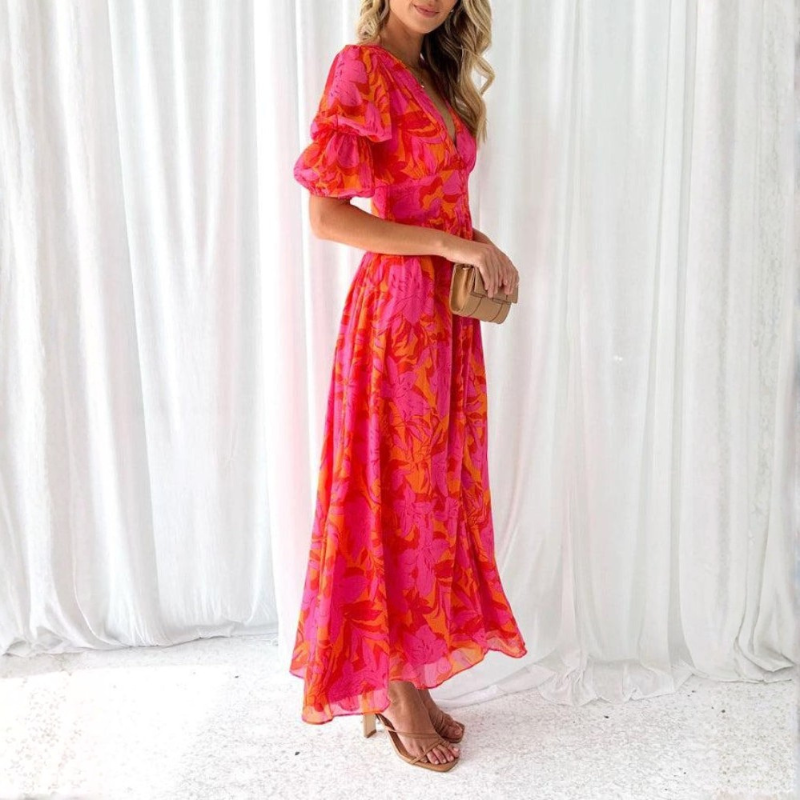 Elegant Floral Maxi Dress with V Neck