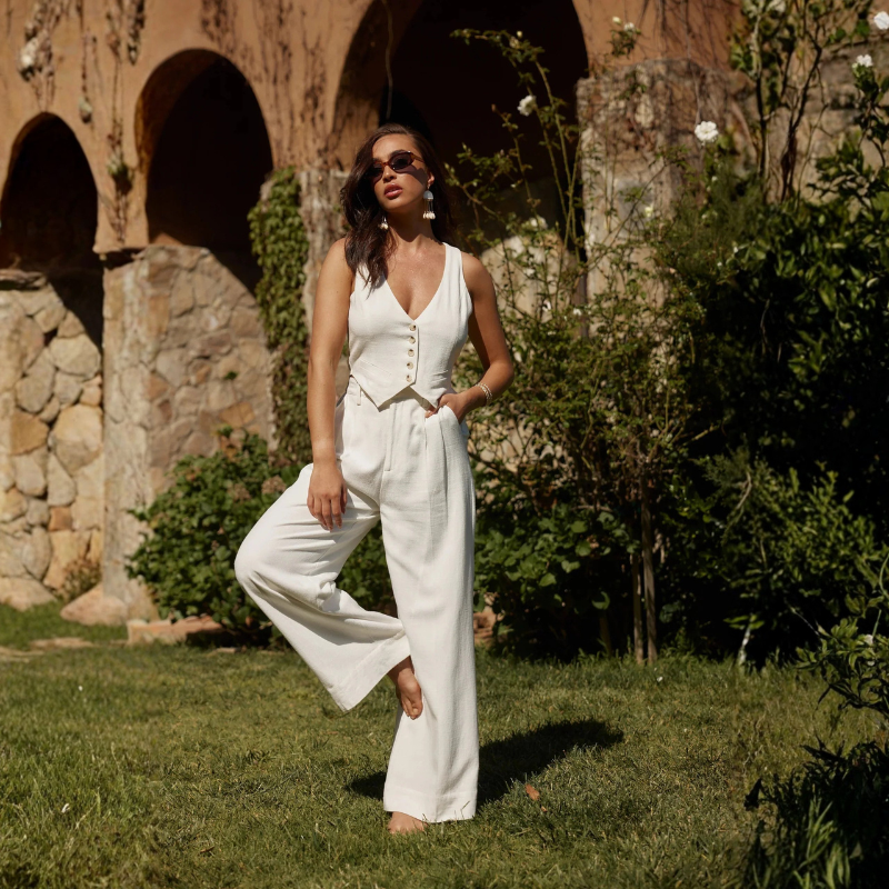 Stylish Women's V Neck Crop Top and Wide Leg Trouser Set