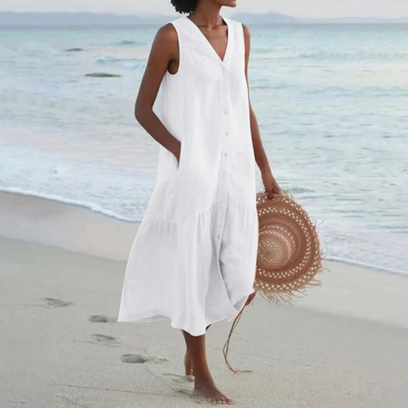 V-Neck Button Sleeveless Mini Dress