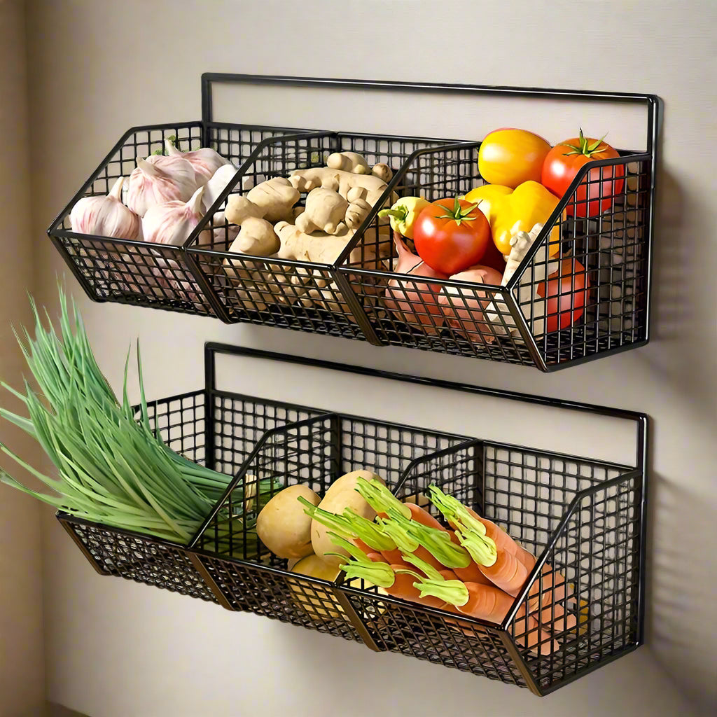 Wall-Mounted Kitchen Storage Basket Space-Saving Hanging Organizer | Open Wire Design for Ventilation and Freshness | Sturdy Rust-Resistant Metal for Kitchen, Pantry, or Household Storage