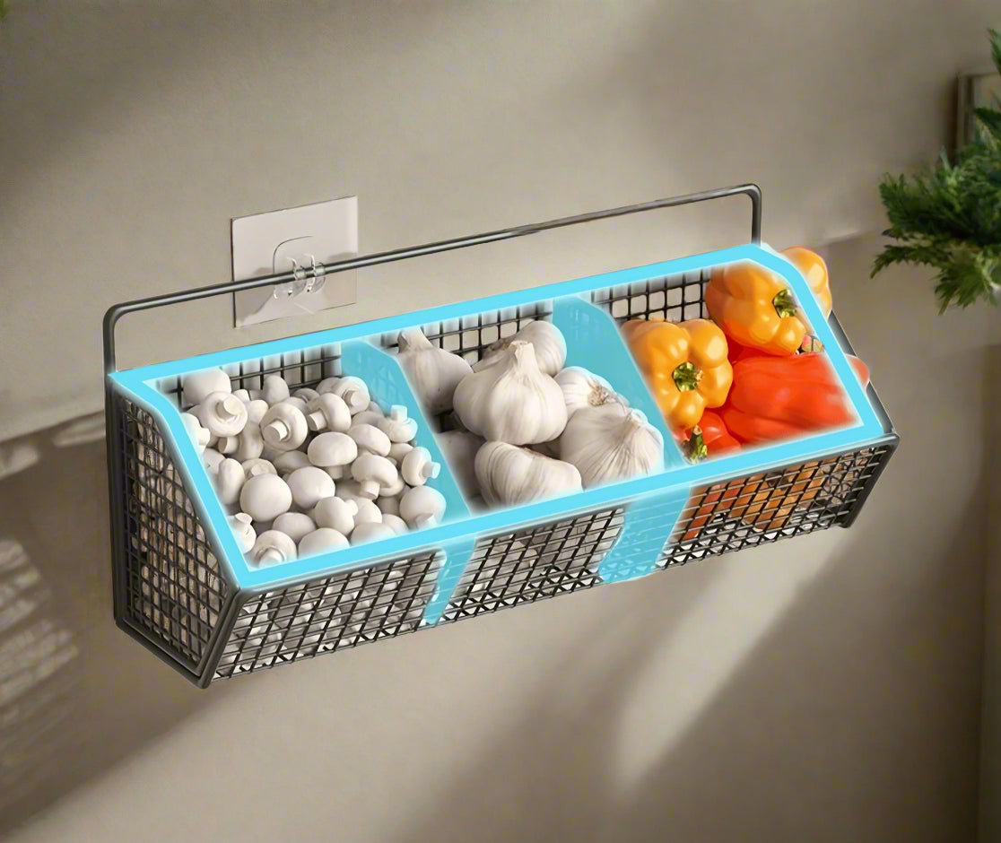 Wall-Mounted Kitchen Storage Basket Space-Saving Hanging Organizer | Open Wire Design for Ventilation and Freshness | Sturdy Rust-Resistant Metal for Kitchen, Pantry, or Household Storage