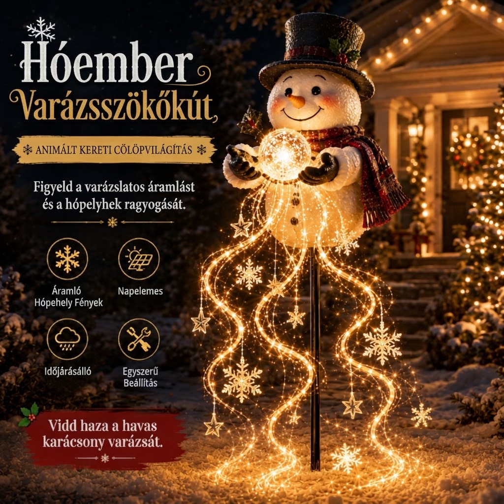 SnowfallGlow - Napelemes hóember kerti lámpa zuhatag hatással