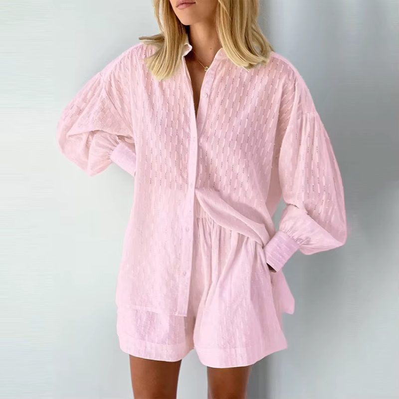 Women's Puff Sleeve Button-Up Shirt and High Waist Shorts Set