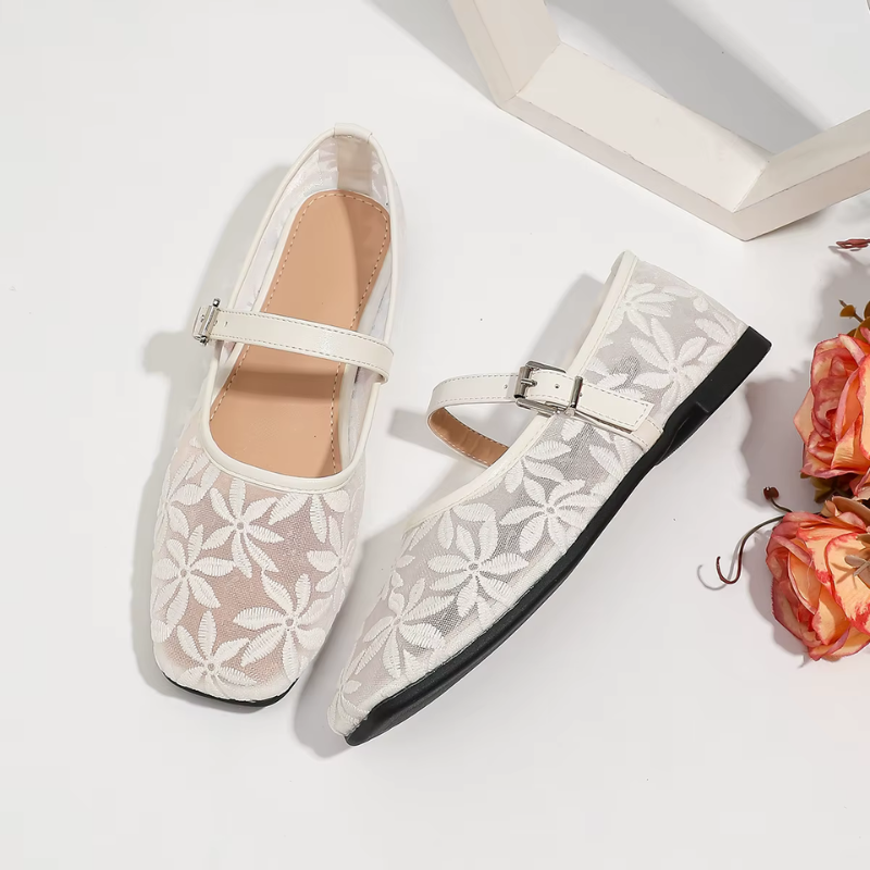 Square-Toe Ballerina Flats with Embroidered Flowers