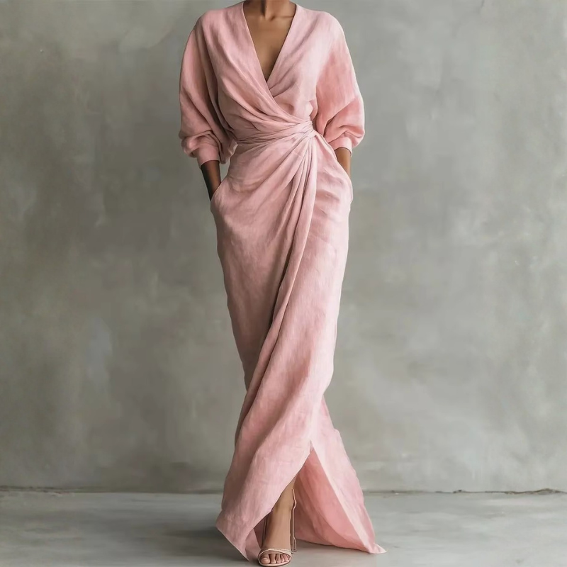 Women's Elegant V Neck Maxi Dress with Wrap Waist