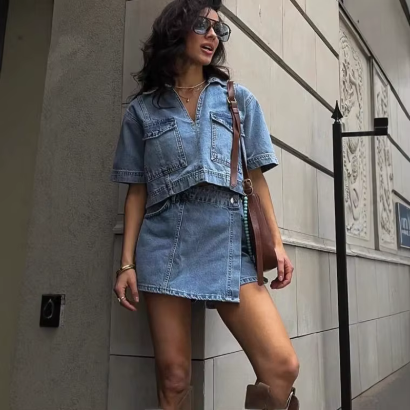 Two-Piece Denim Outfit with V-Neck Top
