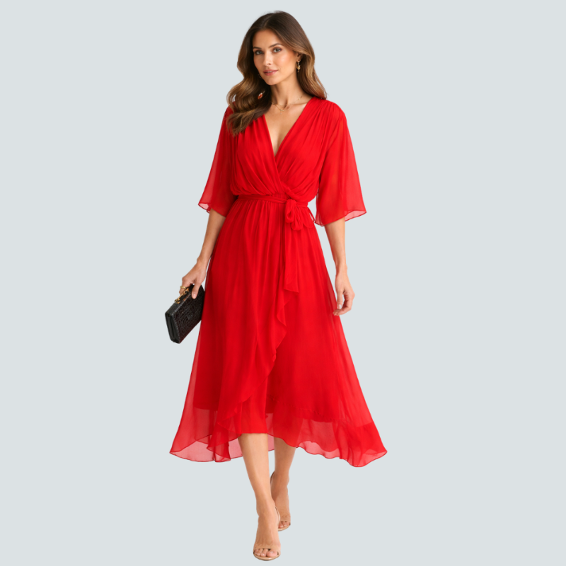 Elegant Midi Dress with V-Neck and Batwing Sleeves