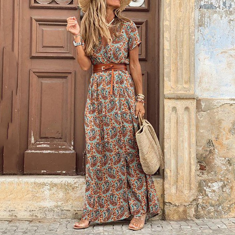 Women's Floral Print Maxi Dress with Belted Waist