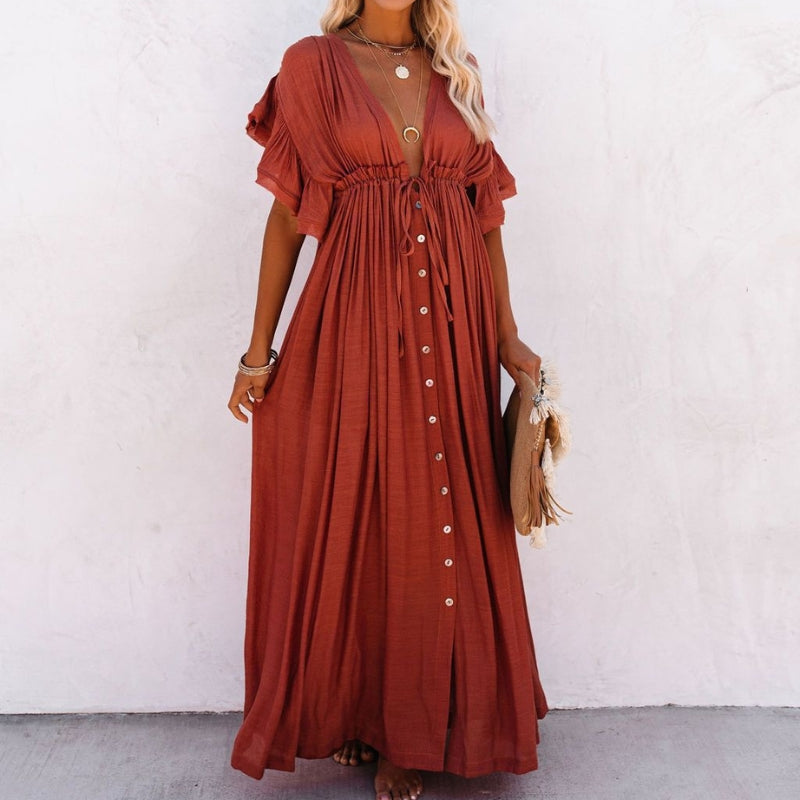 Women’s Flowy V-Neck Button-Front Maxi Dress