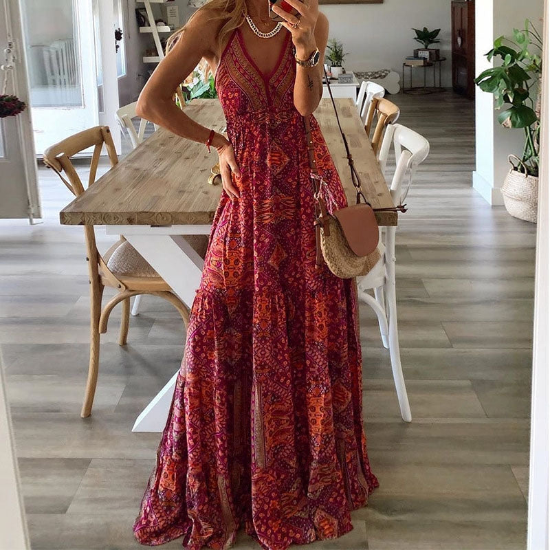 Women’s Long Draped V-Neck High Waist Dress