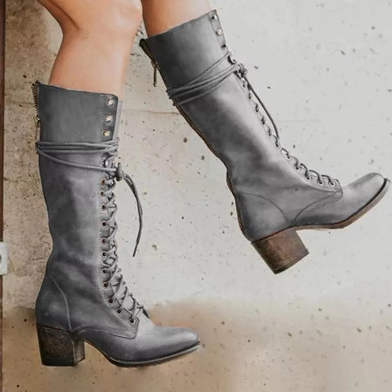 Women’s Knee-High Lace-Up Block Heel Boots