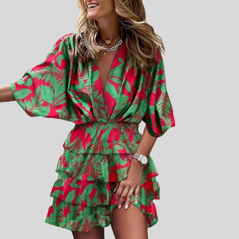 Women’s V-Neck Ruffle Bohemian Mini Dress