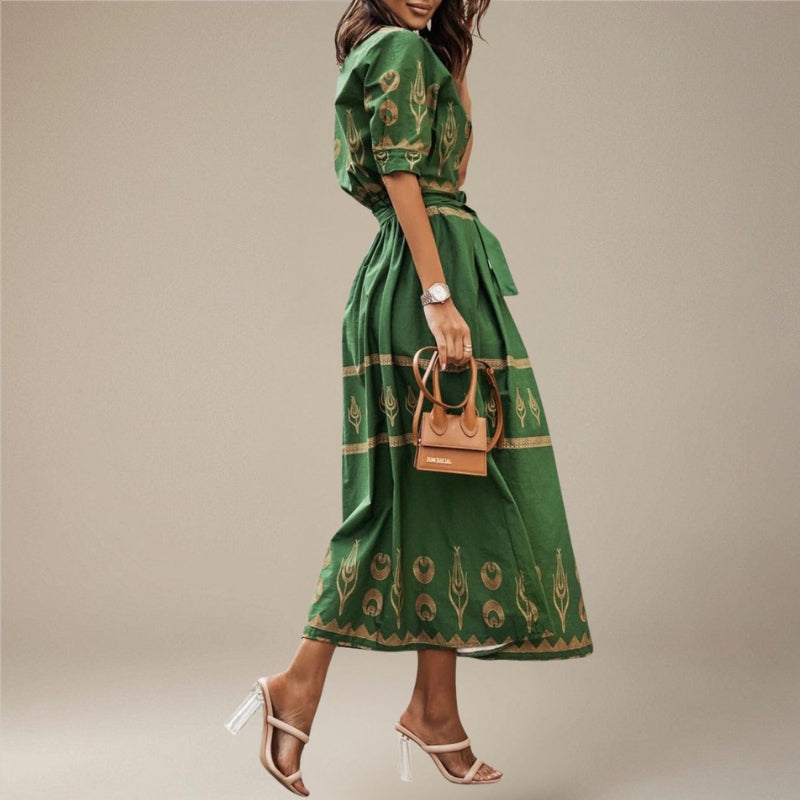 Women’s Long Sleeve Belted Printed Midi Dress