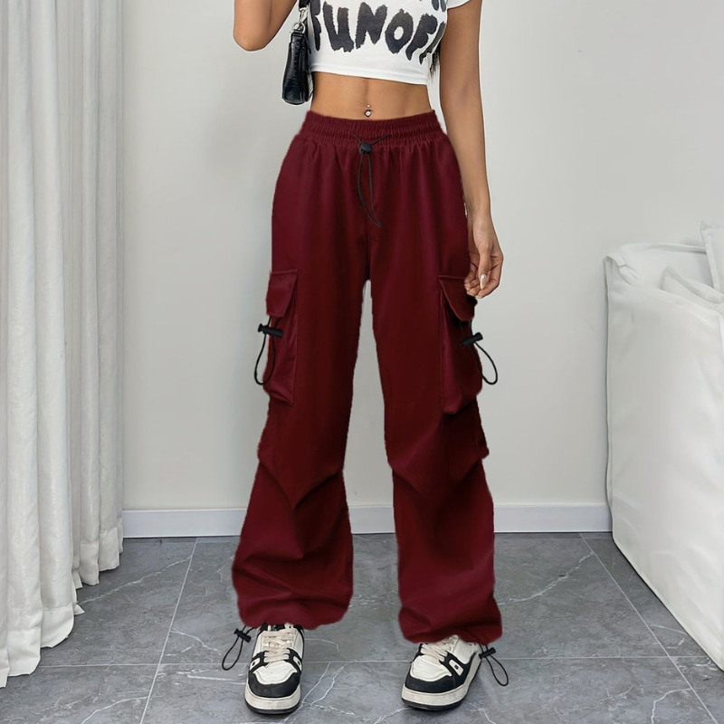 Women's Wide Leg Trousers with Elastic Drawstring Waist and Side Pockets