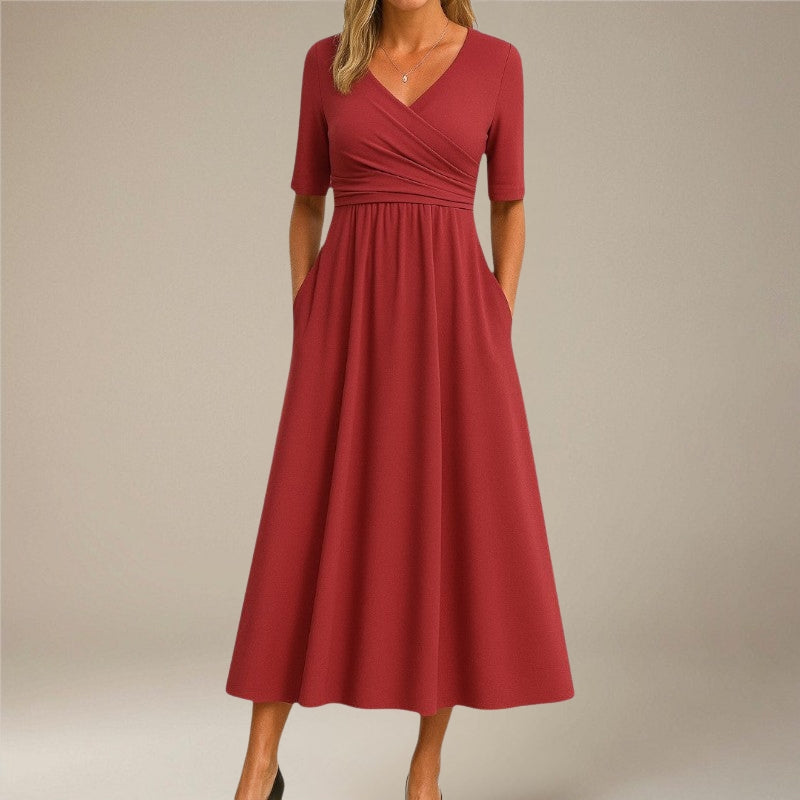 Women’s V-Neck Midi Dress with Side Pockets