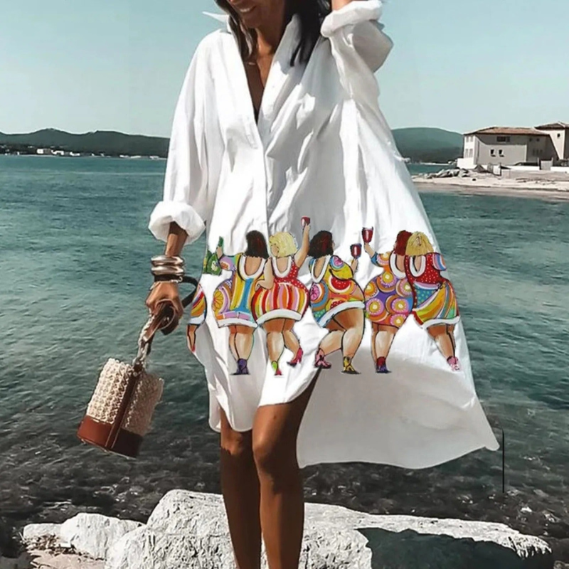 Women's Printed V Neck Long Sleeve Dress