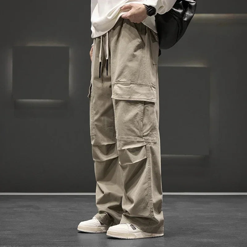 Men's Wide Leg Cargo Pants with Drawstring Waist and Pockets