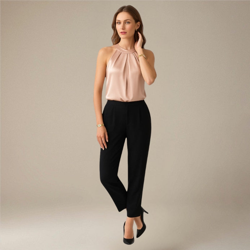 Women's Sleeveless Satin Draped Pleated Blouse