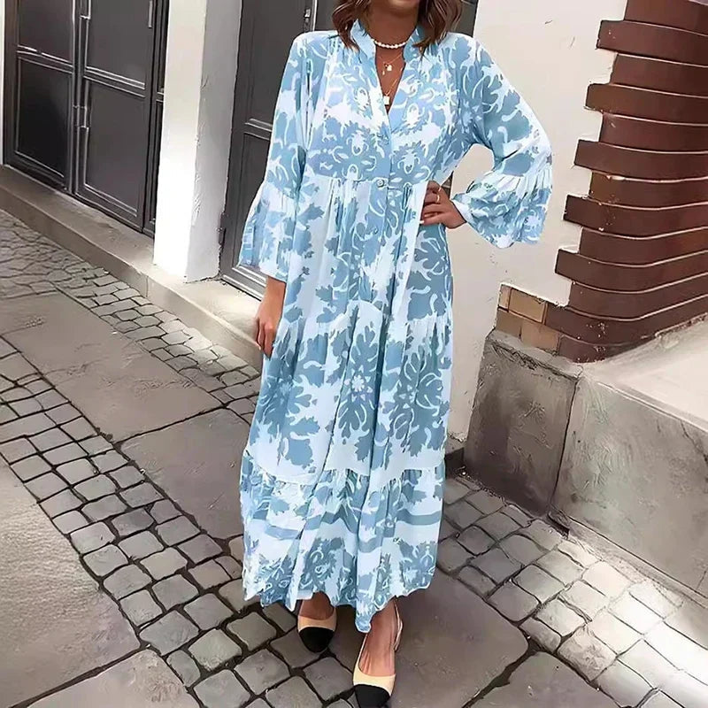 Women's Printed Midi Dress with V-Neck and Long Sleeves