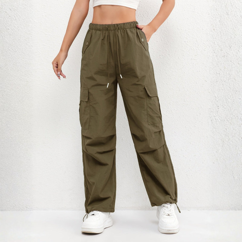 Women's Wide Leg Trousers with Drawstring Waist and Multiple Pockets