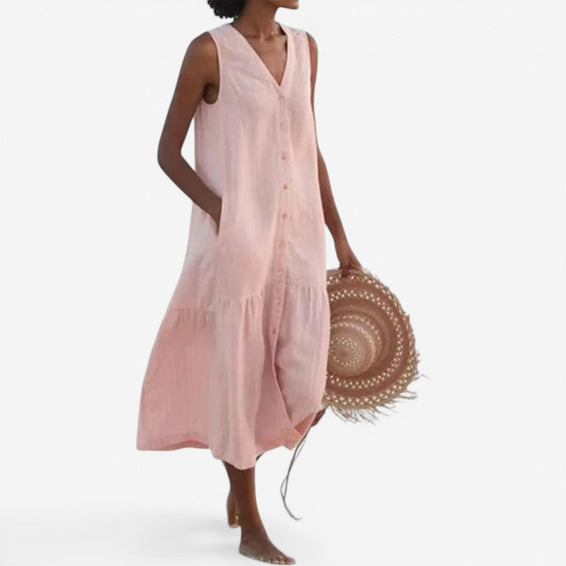 V-Neck Button Sleeveless Mini Dress