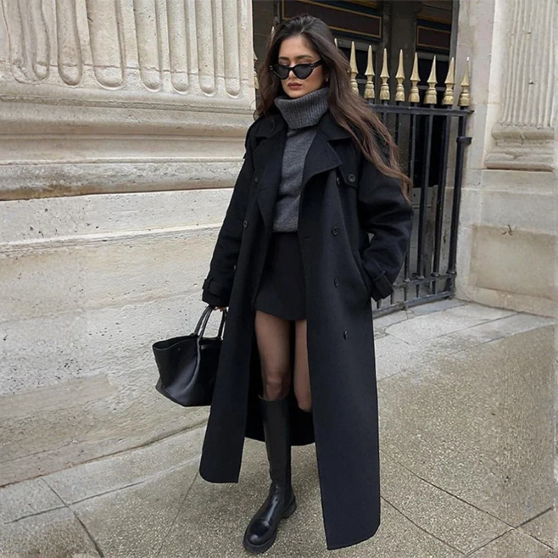 Belted Double Button Long Coat