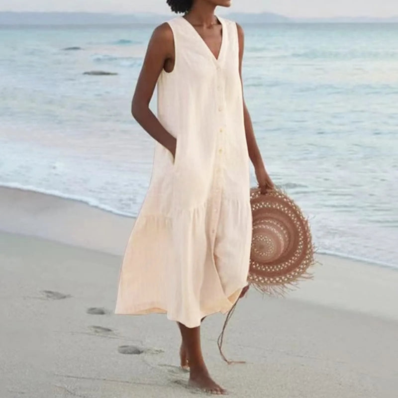 V-Neck Button Sleeveless Mini Dress