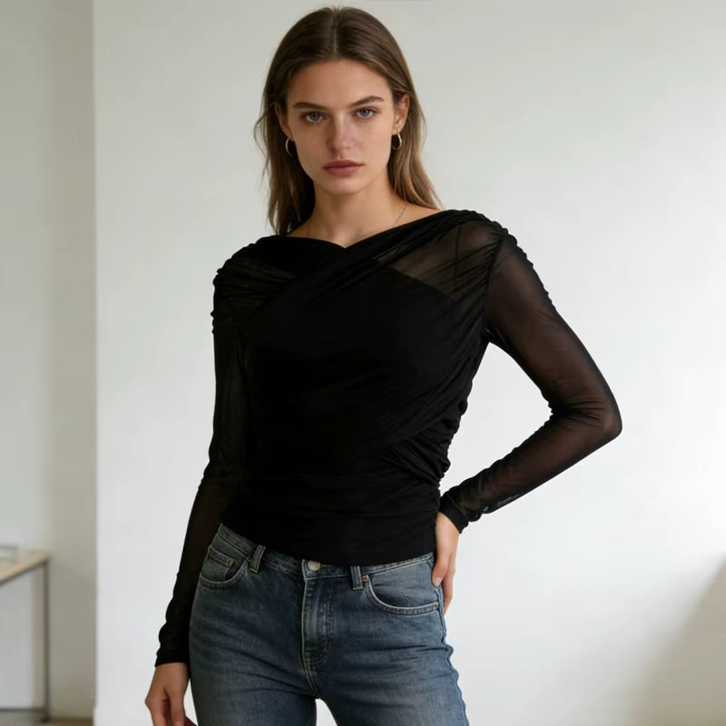 Long-Sleeved Crossover Collar Crop Top