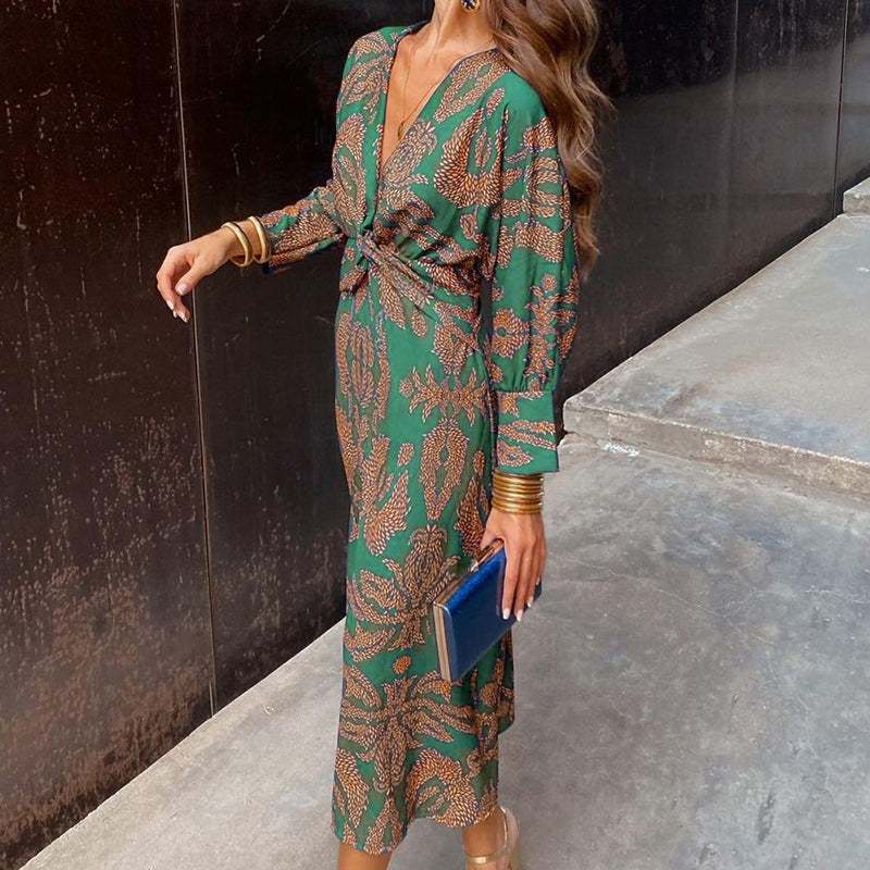 V-Neck Long Sleeve Floral Dress