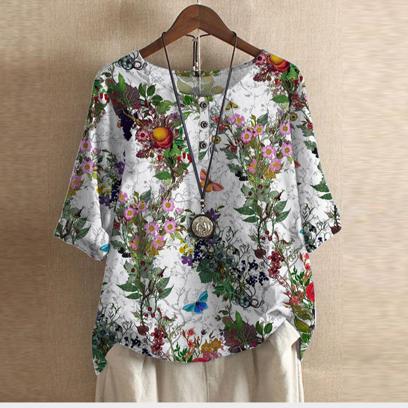 Oversized Floral Print Blouse with O Neck