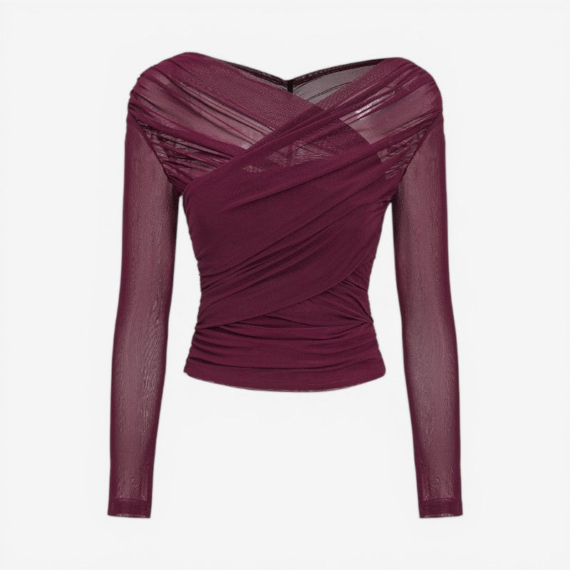 Long-Sleeved Crossover Collar Crop Top
