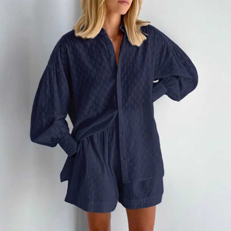 Women's Puff Sleeve Button-Up Shirt and High Waist Shorts Set