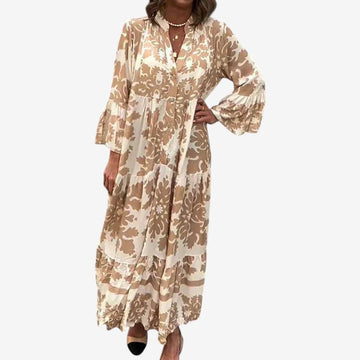 Women's Printed Midi Dress with V-Neck and Long Sleeves